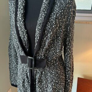 Zozo Black & White Lightweight Cardigan Sweater with Black Belt Accent